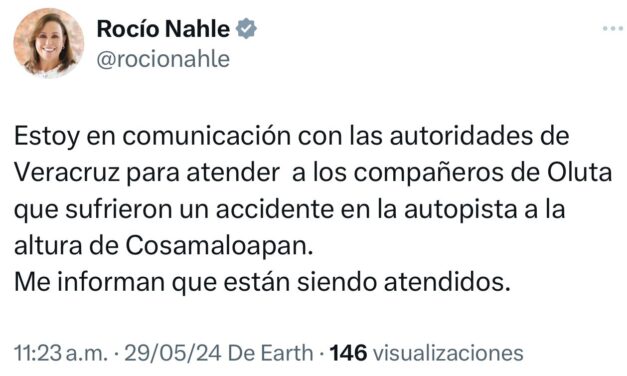 LAMENTA ROCÍO NAHLE ACCIDENTE DE MORENISTAS VERACRUZANOS