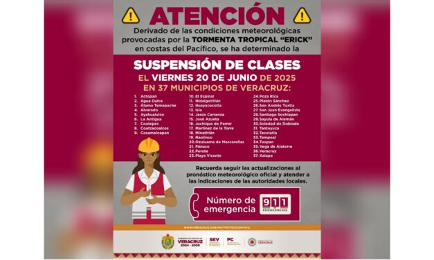 Suspenden clases en 37 municipios este viernes por efectos de Erick