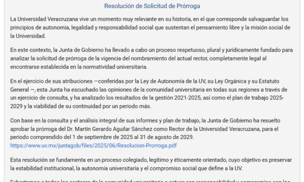 La Junta de Gobierno aprueba la prórroga del Rector Martín Aguilar Sánchez al frente de la Universidad Veracruzana para el periodo 2025-2029