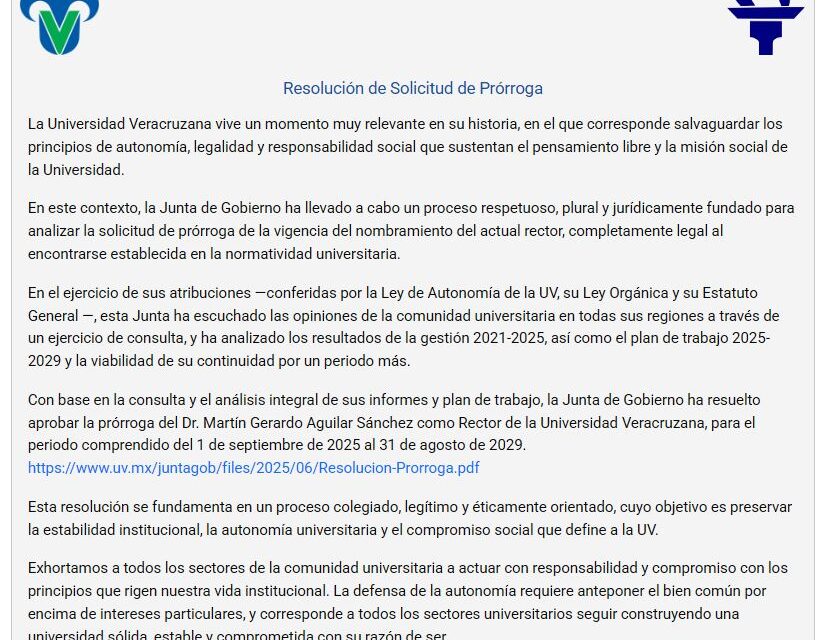 La Junta de Gobierno aprueba la prórroga del Rector Martín Aguilar Sánchez al frente de la Universidad Veracruzana para el periodo 2025-2029