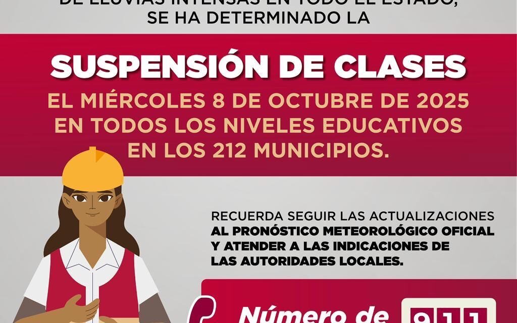 Suspenden clases en todos los niveles educativos los 212 municipios de Veracruz ante pronóstico de intensas lluvias