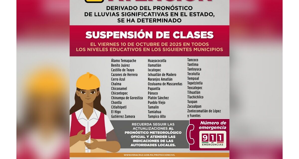 Gobierno de Veracruz mantiene suspensión de clases en 38 municipios