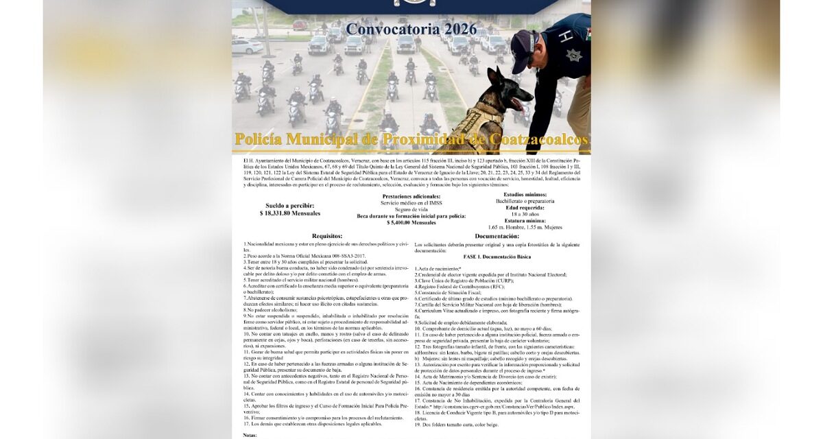 Gobierno de Coatzacoalcos lanza convocatoria para reclutamiento de la Policía Municipal de proximidad
