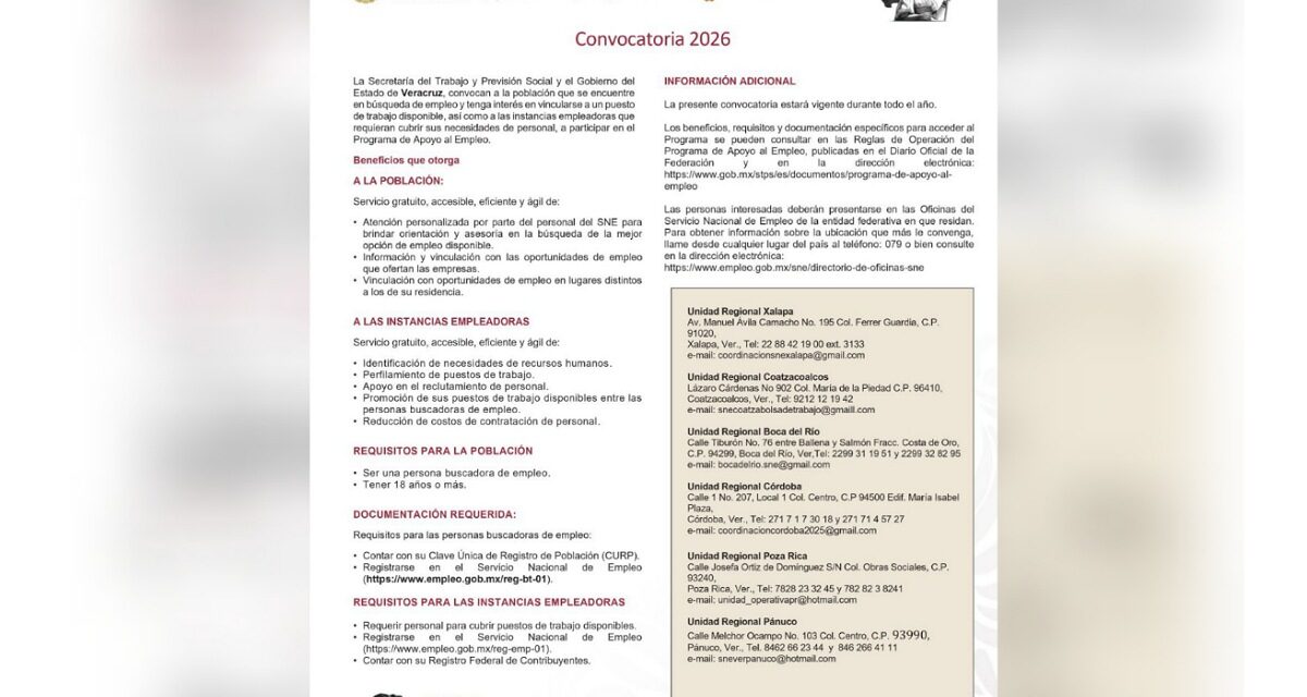 Disponible la convocatoria 2026 del Programa de Apoyo al Empleo en Veracruz