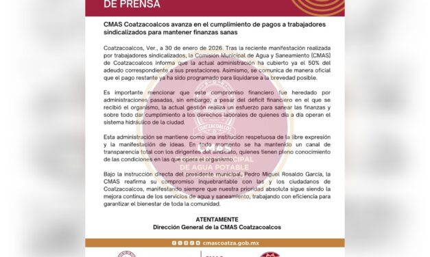 CMAS Coatzacoalcos avanza en el cumplimiento de pagos a trabajadores sindicalizados para mantener finanzas sanas