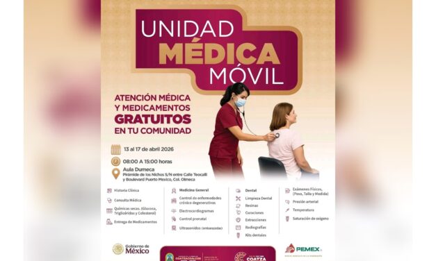 ​Llevarán servicios médicos gratuitos a la colonia Olmeca con Unidad Móvil