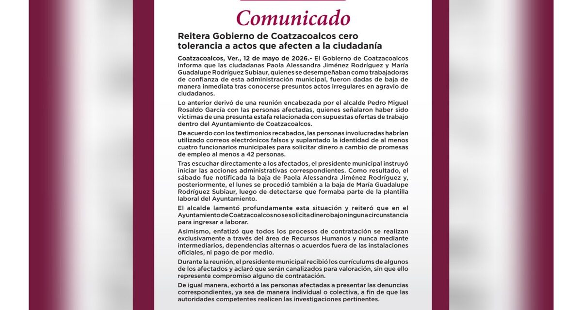 Reitera Gobierno de Coatzacoalcos cero tolerancia a actos que afecten a la ciudadanía