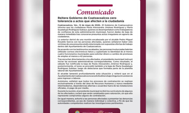 Reitera Gobierno de Coatzacoalcos cero tolerancia a actos que afecten a la ciudadanía