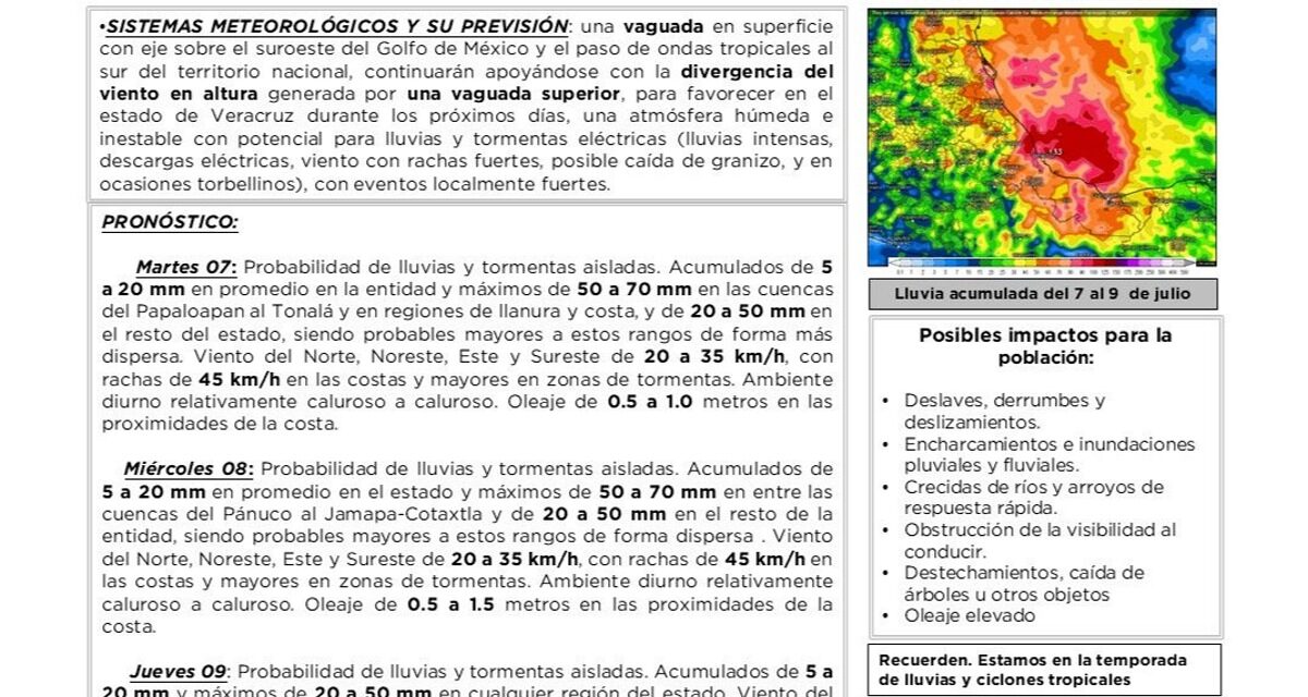 PC emite Aviso Especial por lluvias prolongadas en el estado