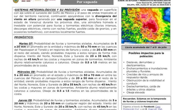 PC emite Aviso Especial por lluvias prolongadas en el estado