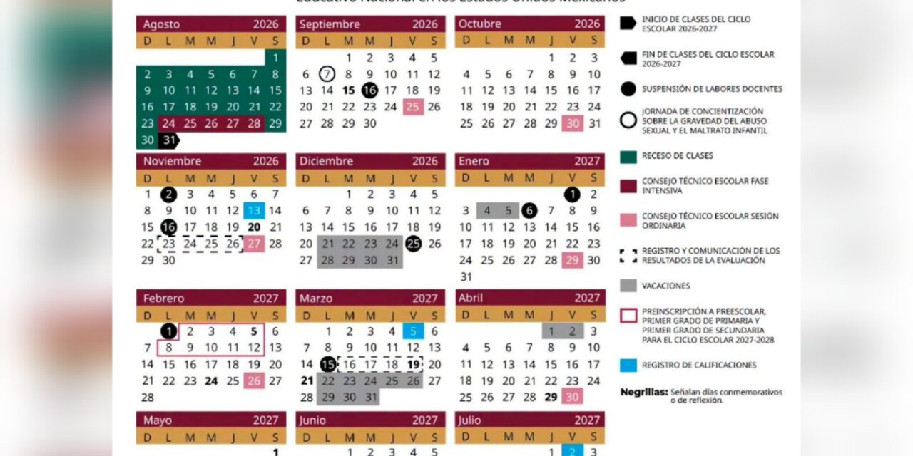 Da a conocer SEV Calendario Escolar 2026-2027; inicia el 31 de agosto