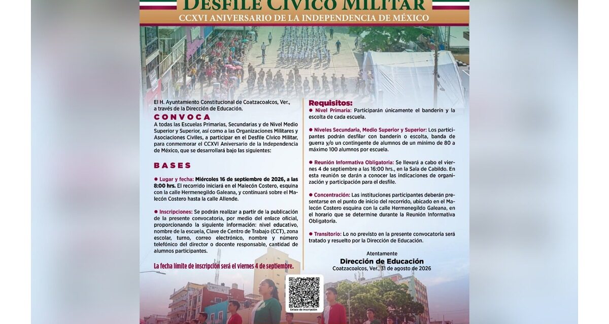 Convoca Ayuntamiento de Coatzacoalcos a participar en el Desfile Cívico Militar de la Independencia​