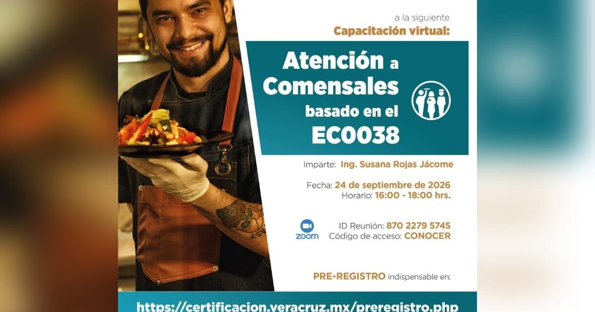 Ofrece Secretaría de Turismo capacitación virtual en atención a comensales