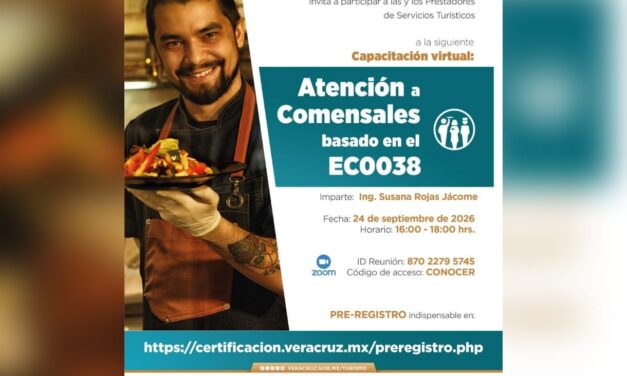 Ofrece Secretaría de Turismo capacitación virtual en atención a comensales