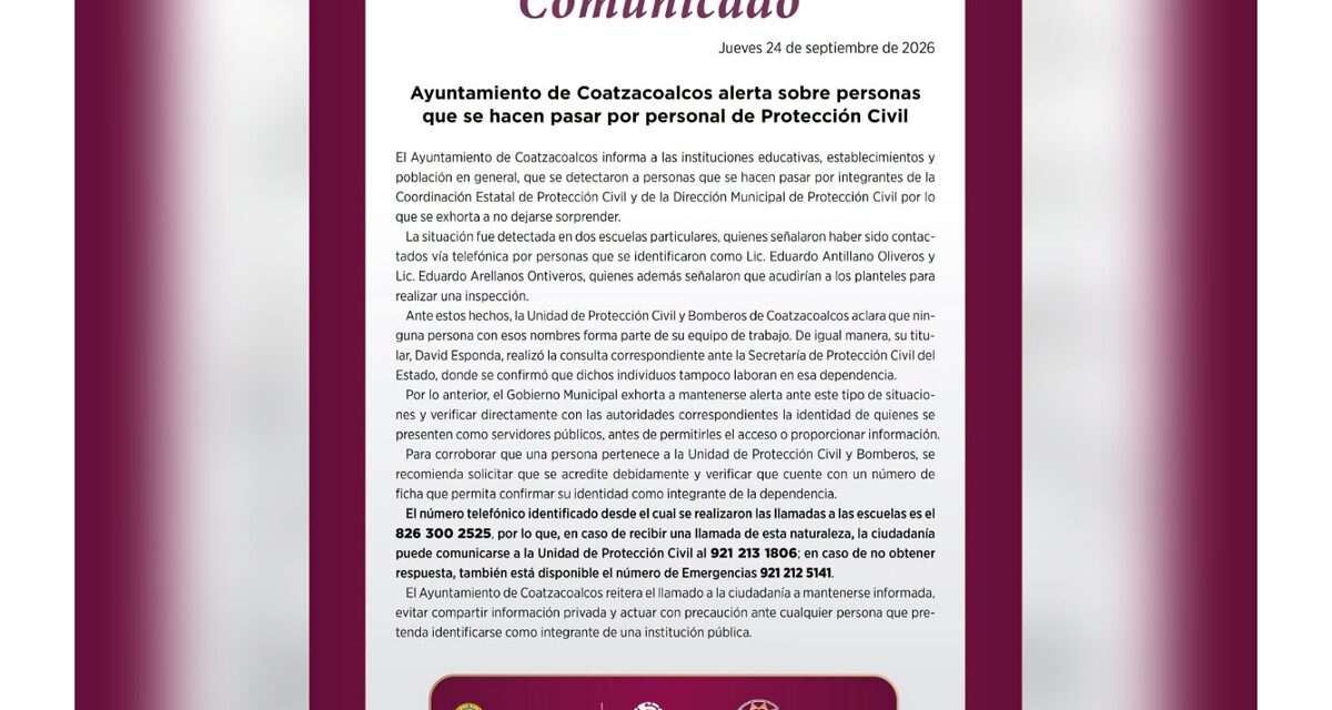 Ayuntamiento de Coatzacoalcos alerta sobre personas que se hacen pasar por personal de Protección Civil