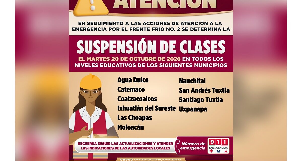 Continua suspensión de clases en 10 municipios en el sur de Veracruz