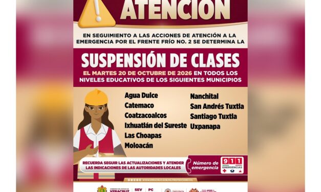 Continua suspensión de clases en 10 municipios en el sur de Veracruz