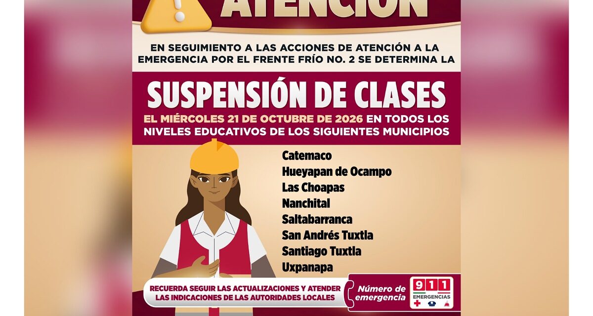 Continúa suspensión de clases en 8 municipios en el sur de Veracruz