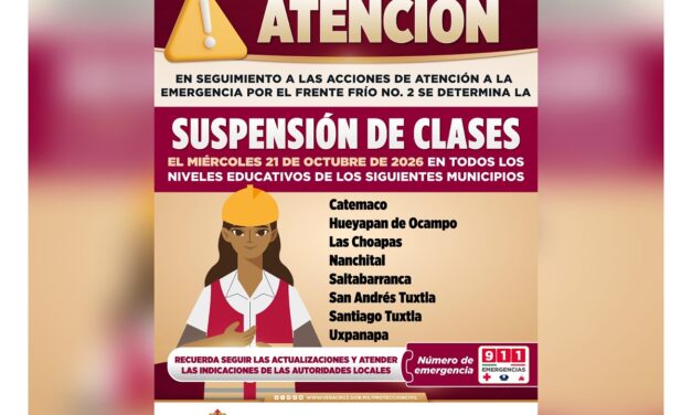Continúa suspensión de clases en 8 municipios en el sur de Veracruz