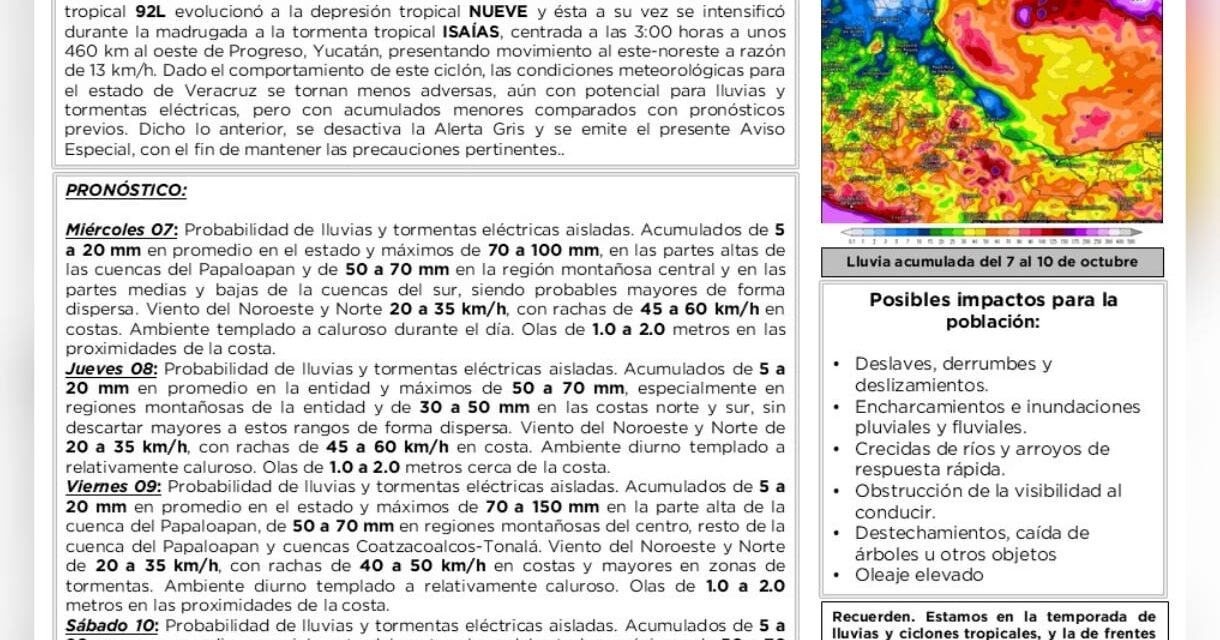SPC desactiva la Alerta Gris; permanece un Aviso Especial por riesgo de deslaves y crecida de ríos